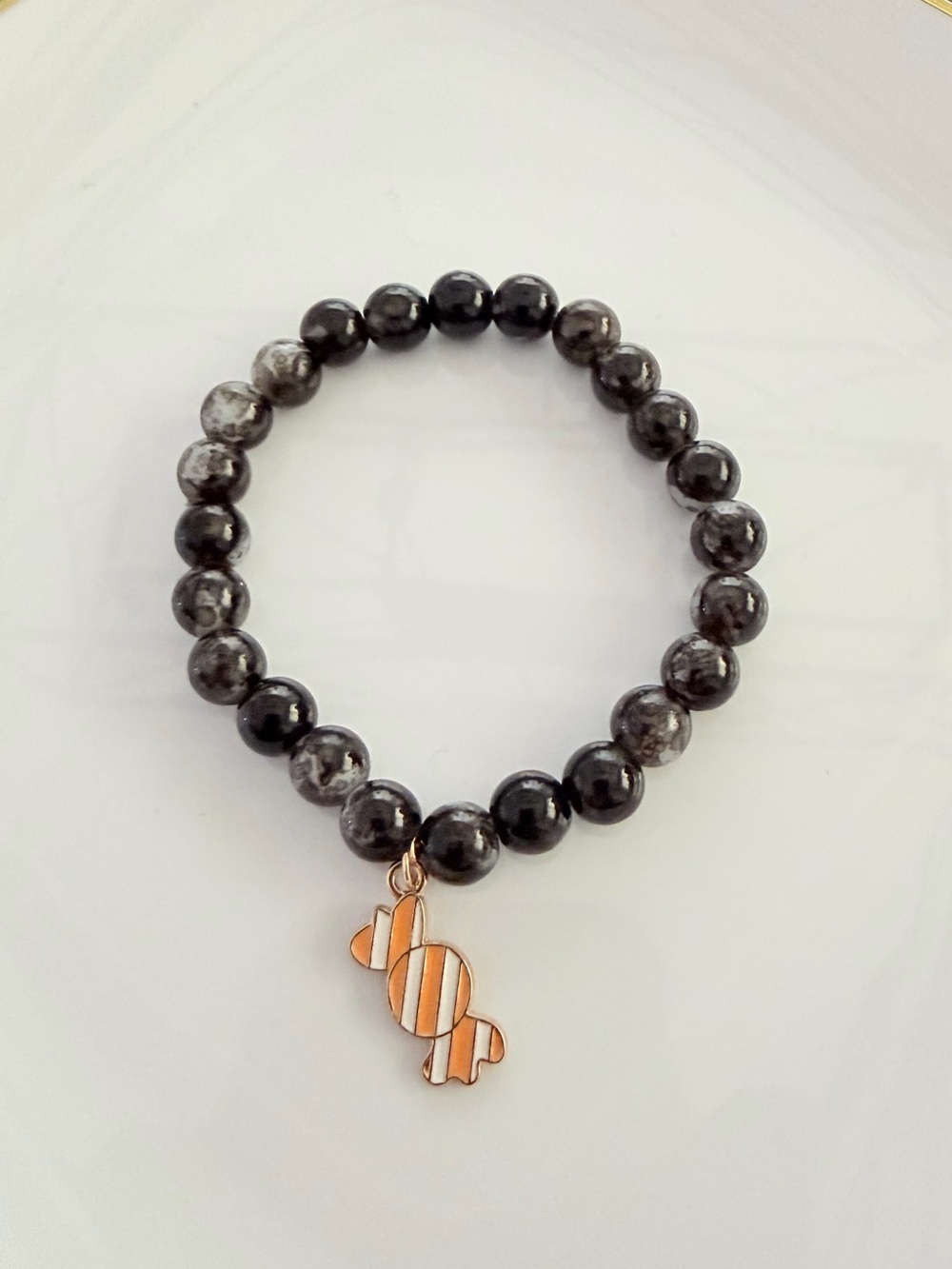 Black Beaded Bracelet with Orange Candy Charm Festive Handmade Jewelry